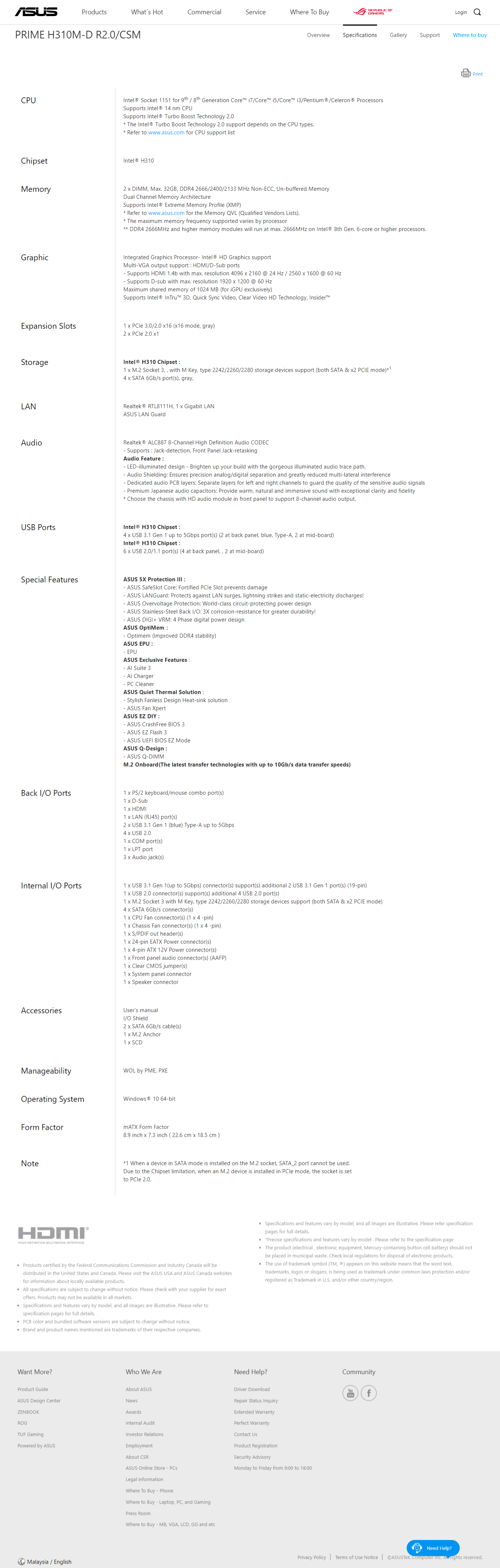 Asus Prime H310m D R2 0 Csm Motherboard