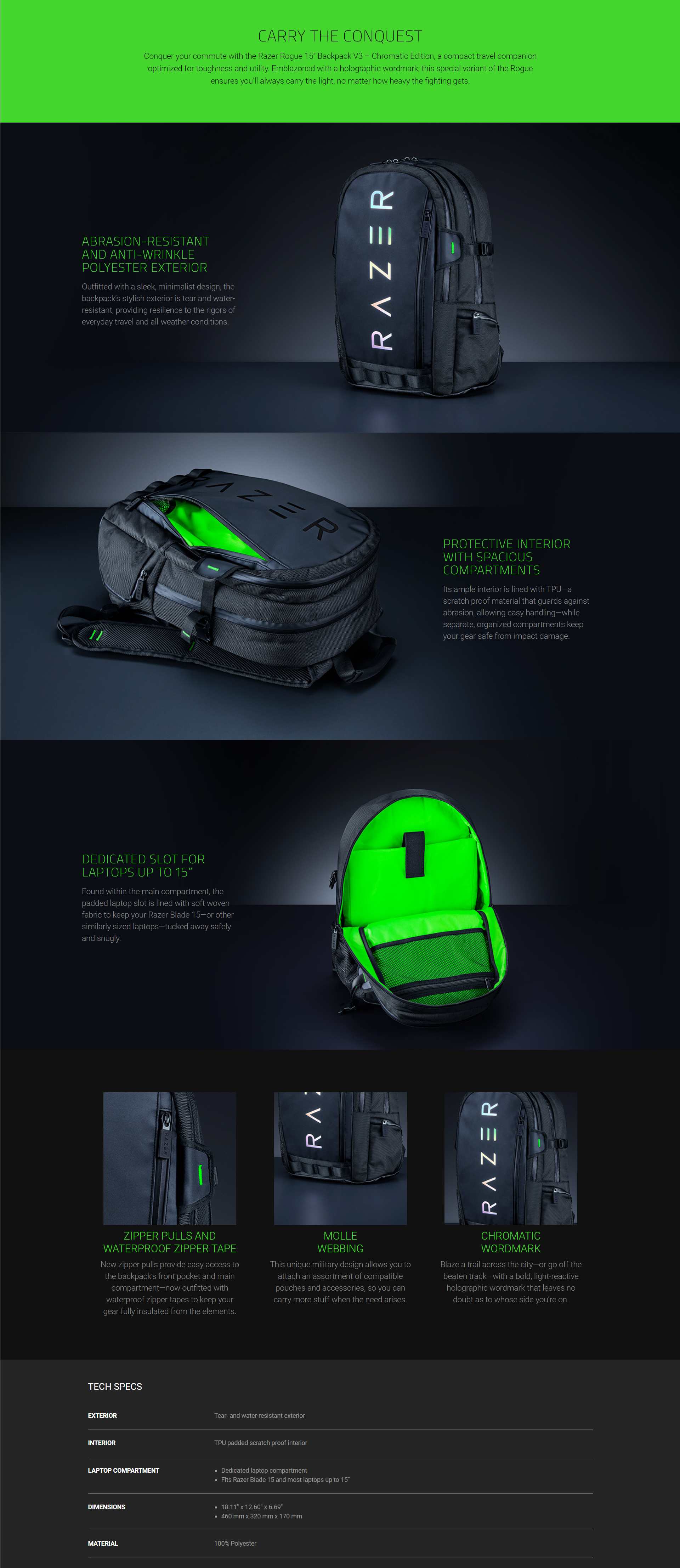 Razer Rogue V3 15 6 Gaming Laptop Backpack Black Chromatic Edition Tear And Water Resistant Exterior Mesh Side Pocket For Water Bottles Dedicated Laptop Compartment Made To Fit 15 Inch Laptops